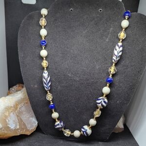 Elegant Blue and Cream Beaded Necklace